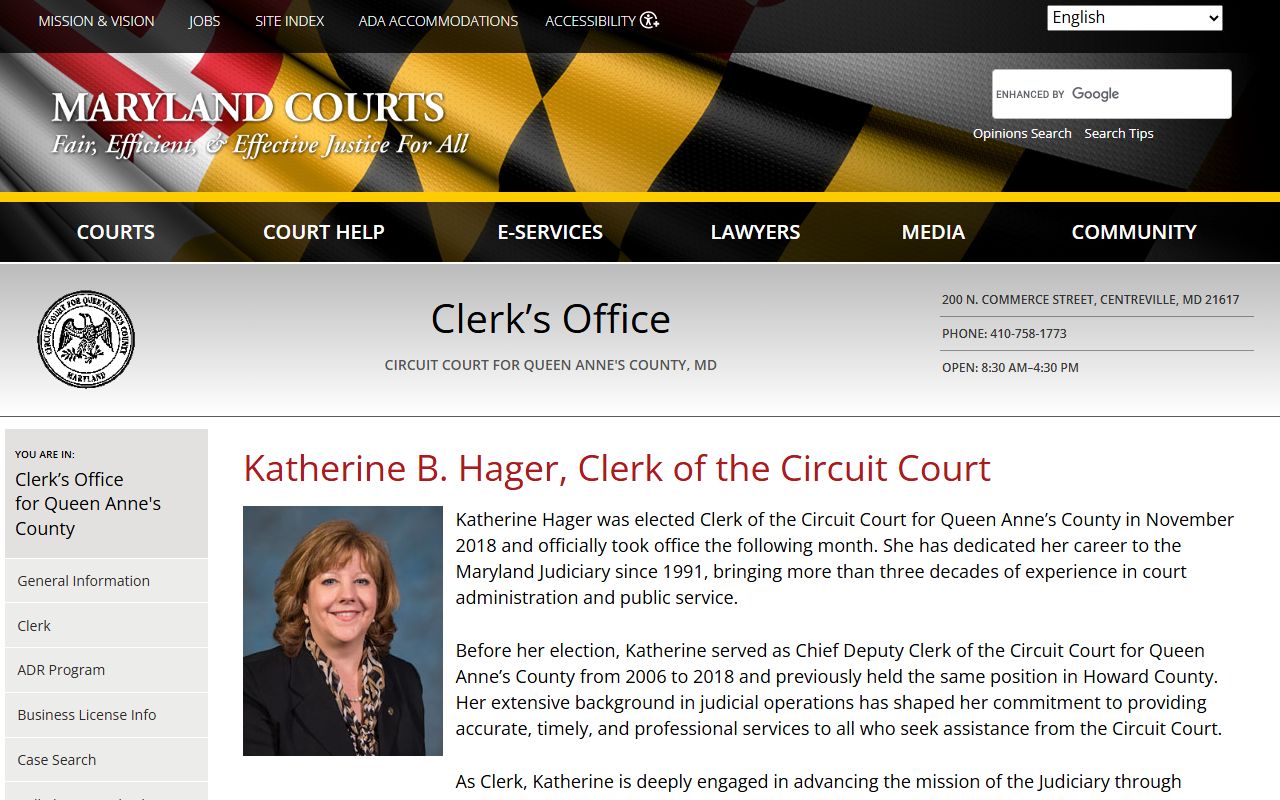 Queen Anne's County Clerk of the Circuit Court biography