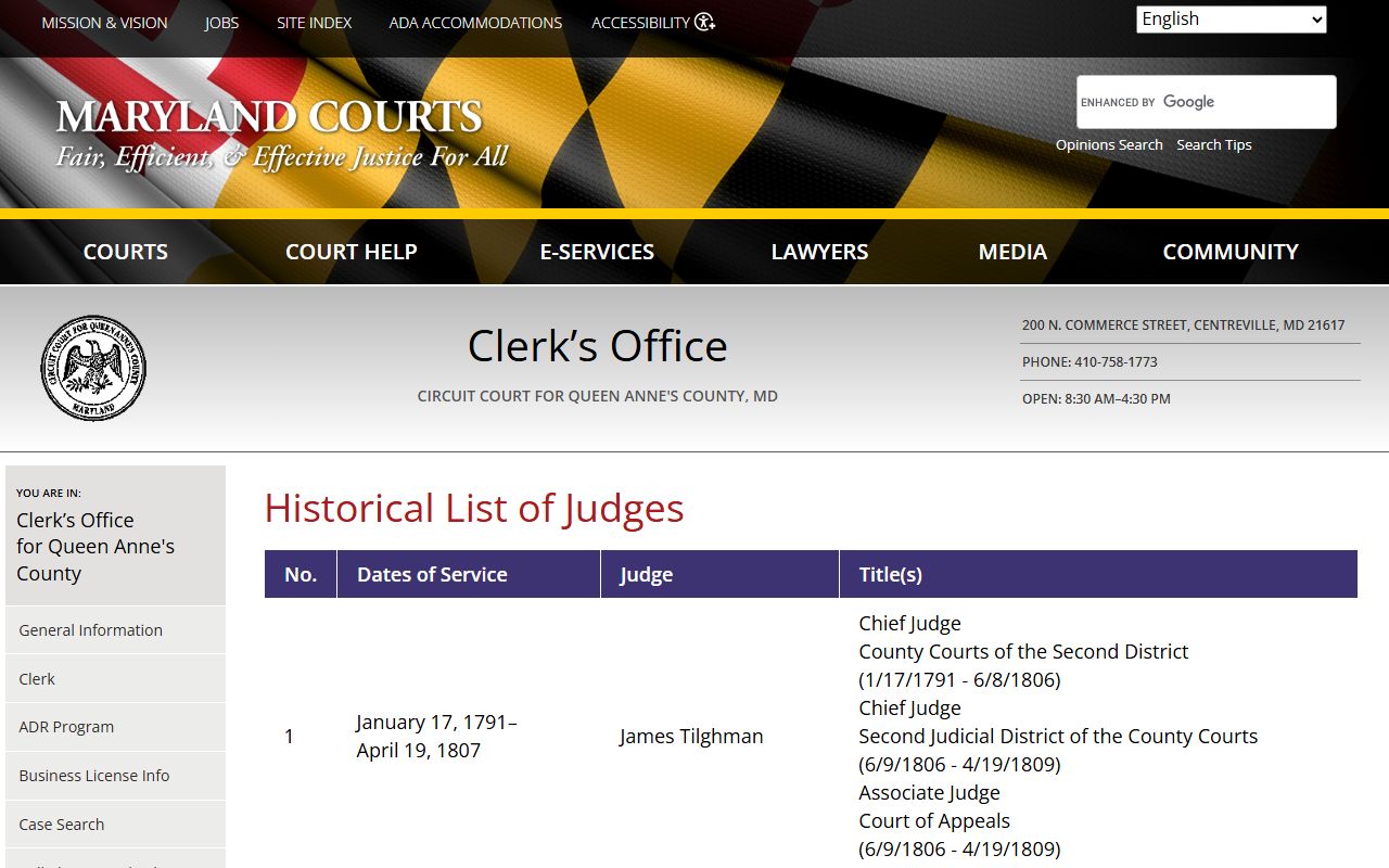 Queen Anne's County Clerk of the Circuit Court historical judges page