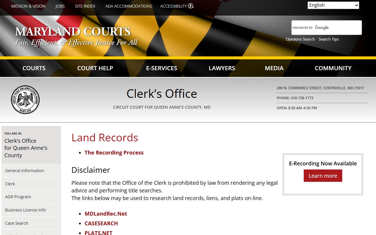 Queen Anne's County Clerk of the Circuit Court land records page