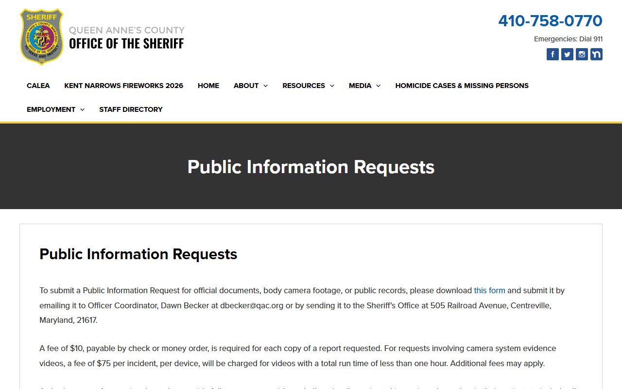 Queen Anne's County arrest records Sheriff public information request page