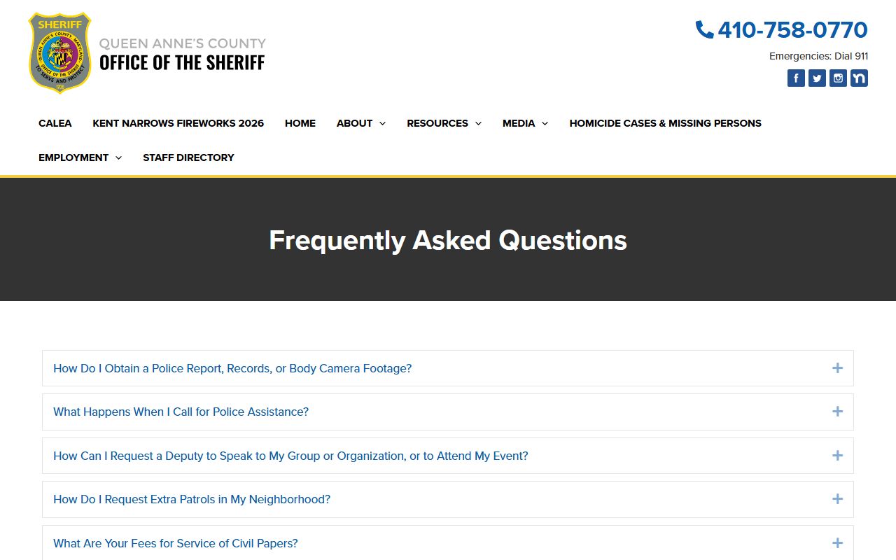 Queen Anne's County arrest records Sheriff FAQ records guidance
