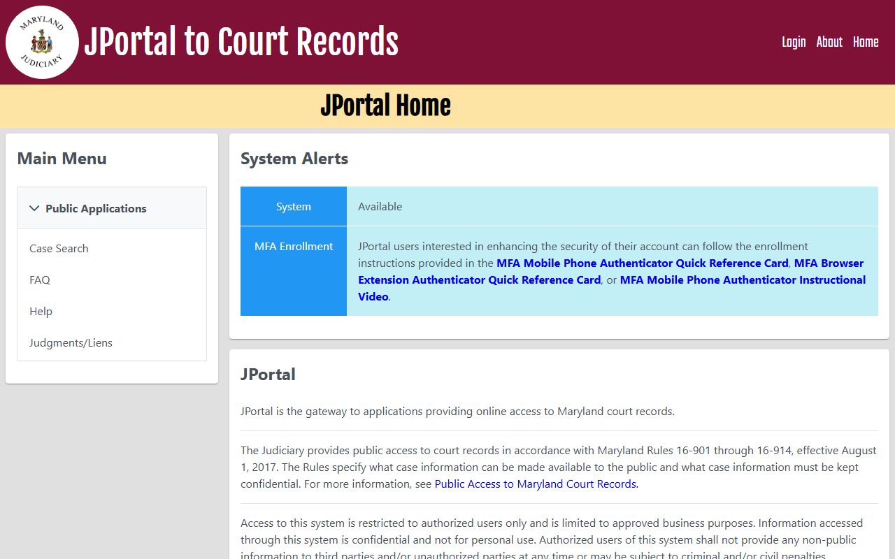 Queen Anne's County court records JPortal access page