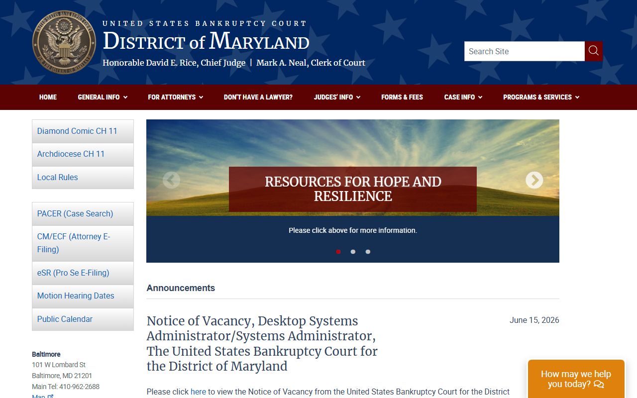 Queen Anne's County criminal court records U.S. Bankruptcy Court Maryland page