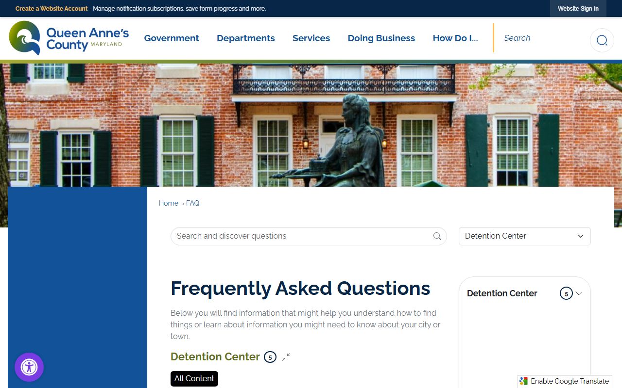Queen Anne's County inmate records Detention Center FAQ visitation guidance