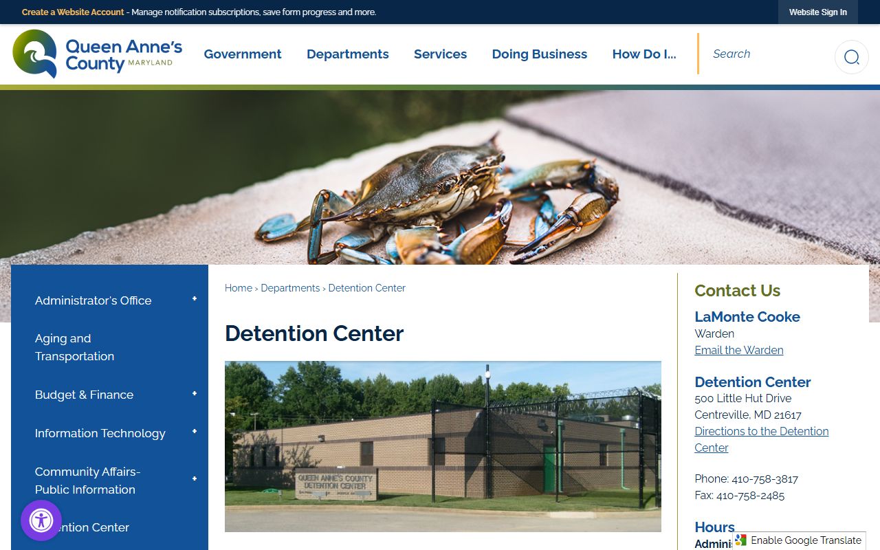 Queen Anne's County inmate search Detention Center page