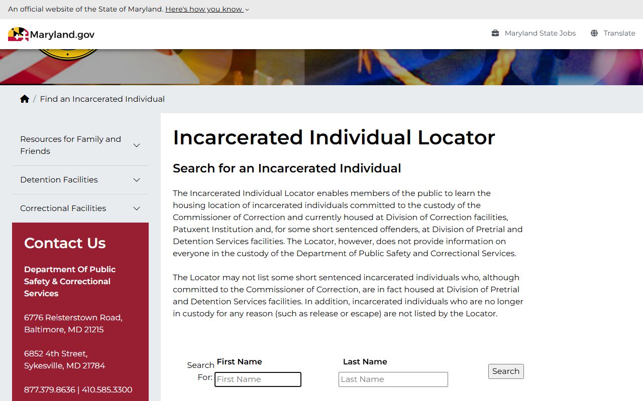 Queen Anne's County inmate records DPSCS incarcerated individual locator