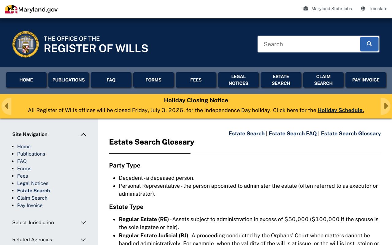 Queen Anne's County probate records Estate Search glossary