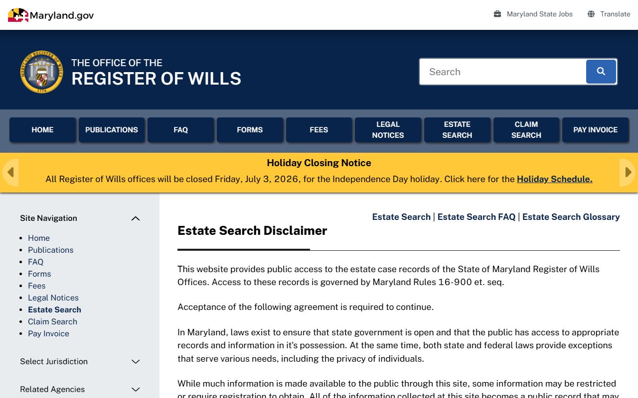 Queen Anne's County probate records Estate Search disclaimer