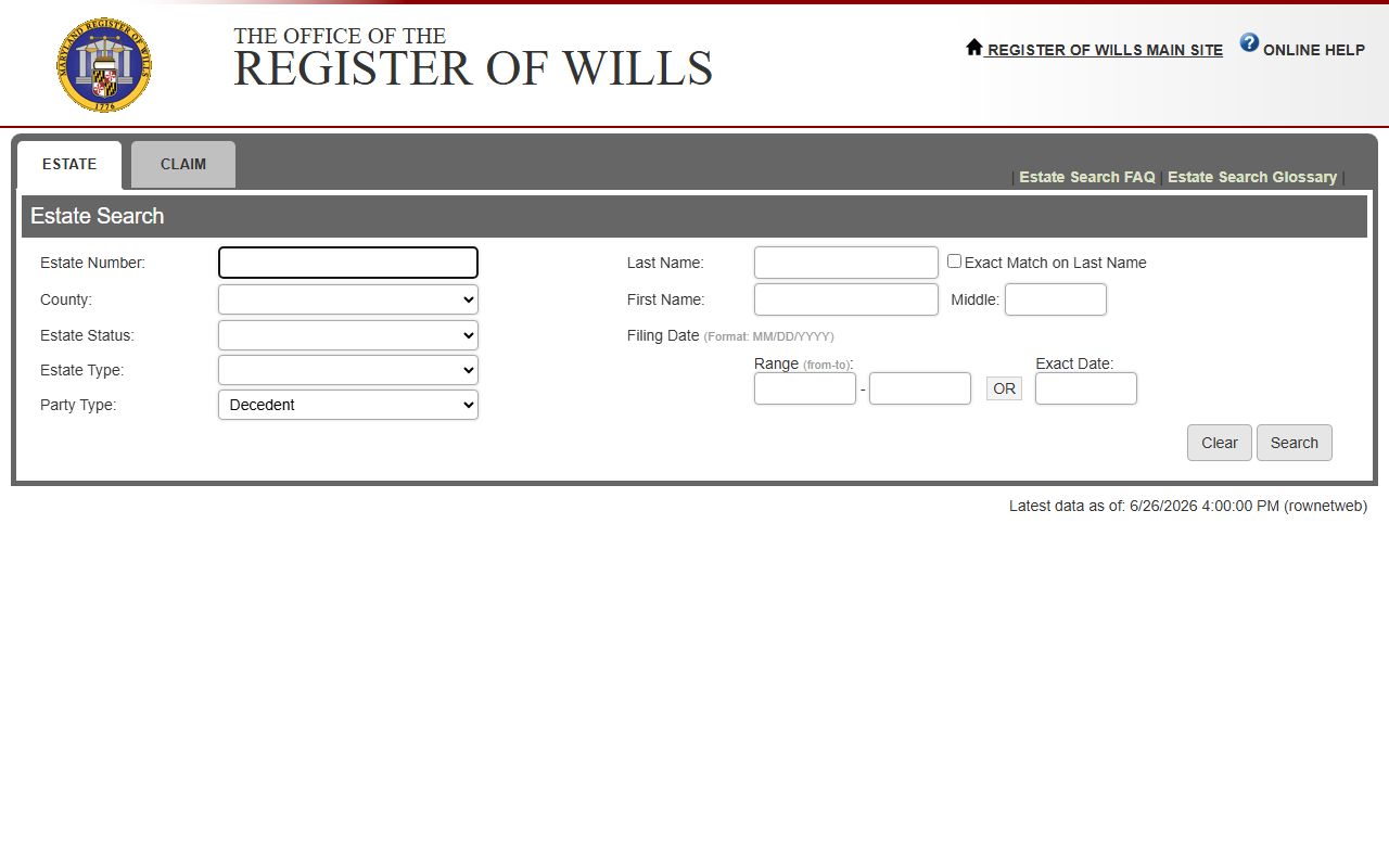 Queen Anne's County probate records Maryland Estate Search form