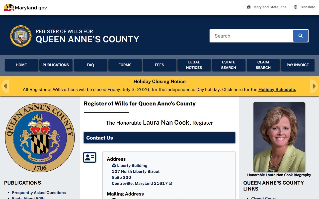 Queen Anne's County probate records Register of Wills local page