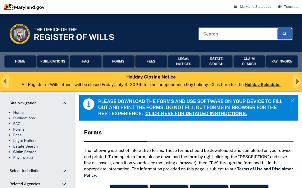 Queen Anne's County probate records Register of Wills forms