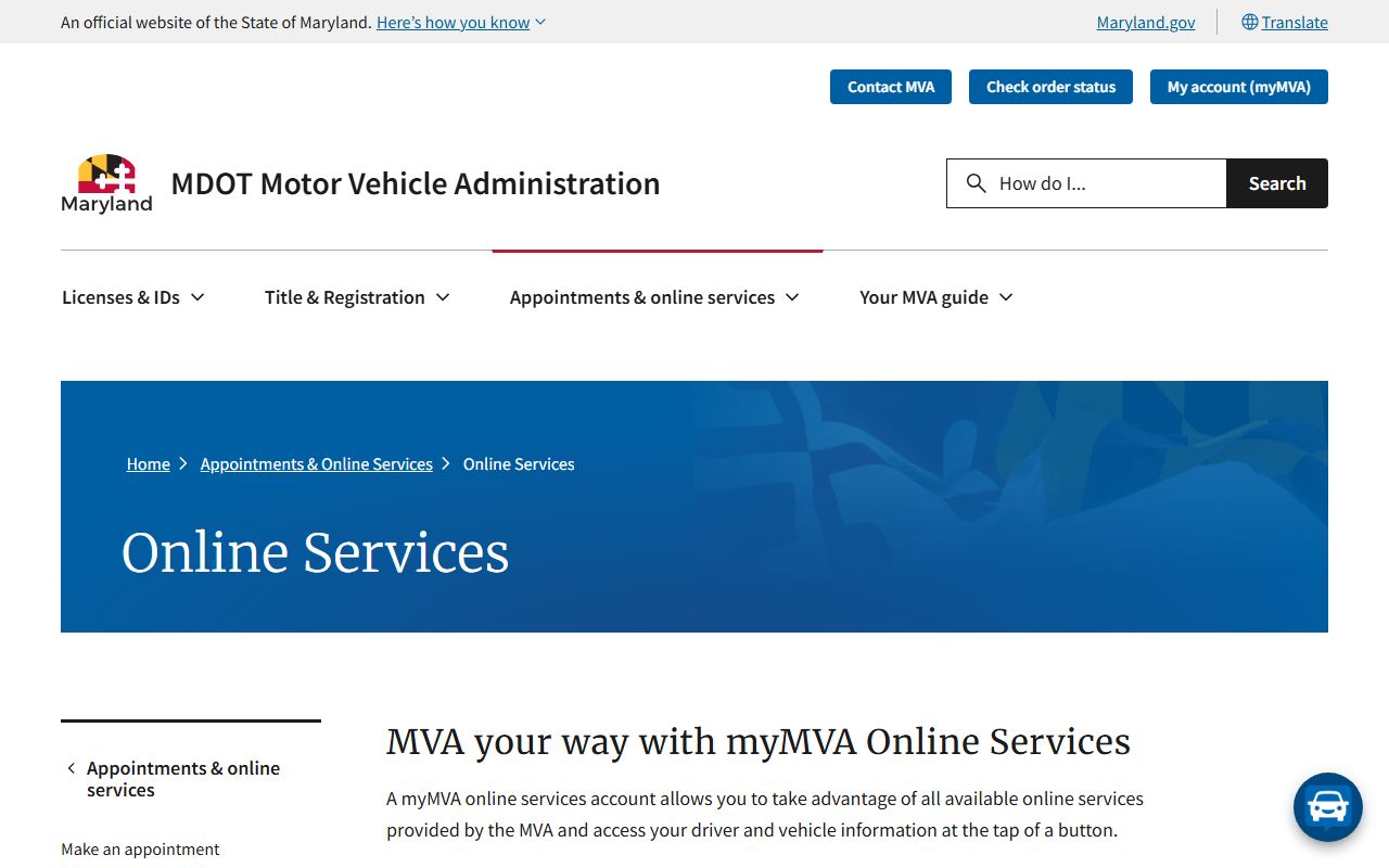 Queen Anne's County traffic records MVA online services page