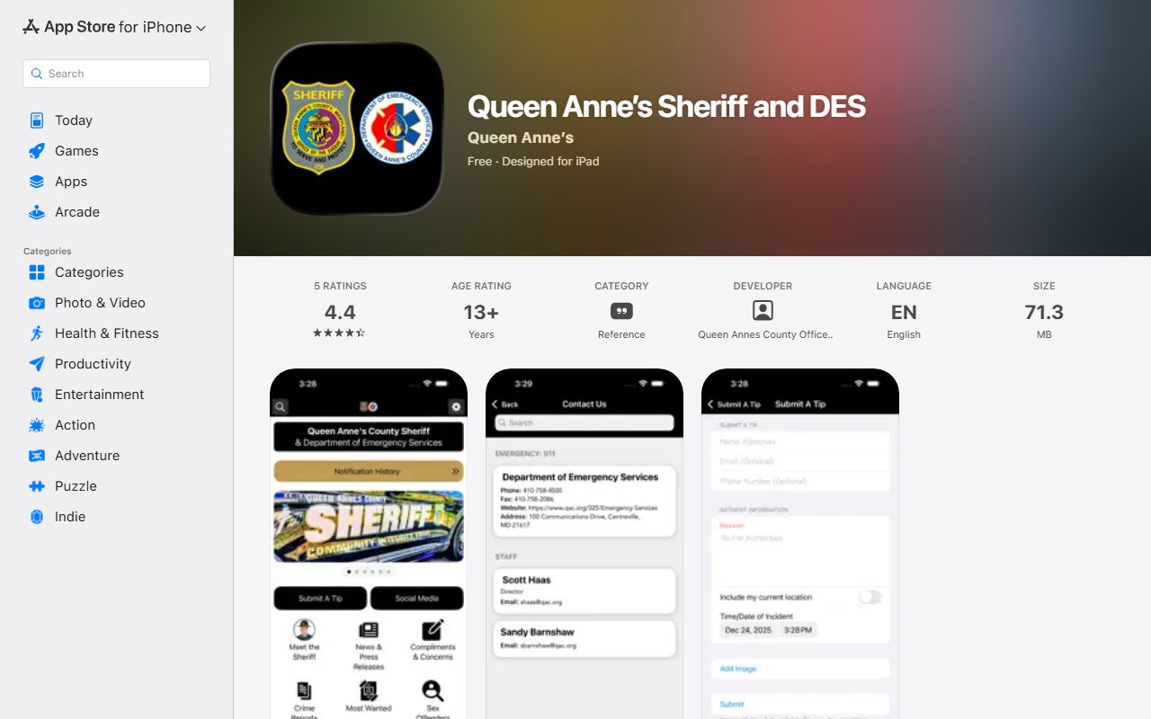 Queen Anne's County warrant search Sheriff and DES iOS app listing