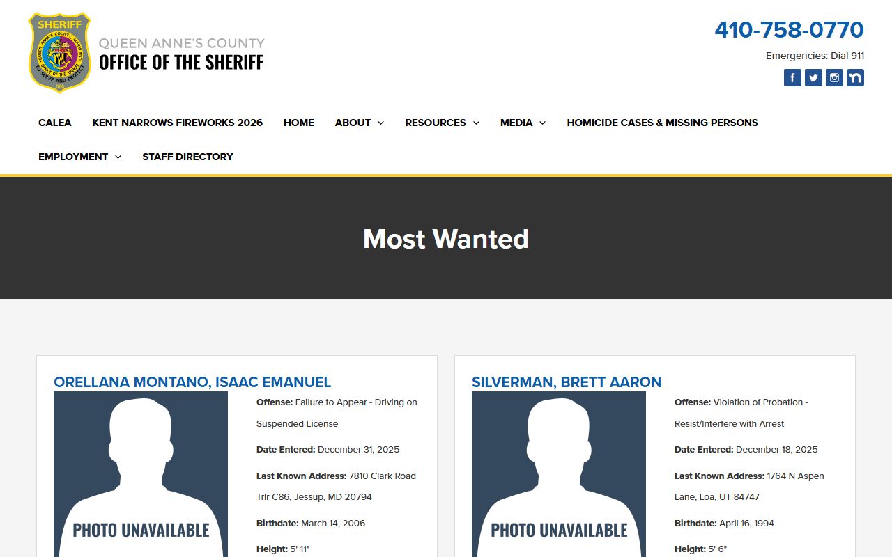 Queen Anne's County warrant search Sheriff Most Wanted list
